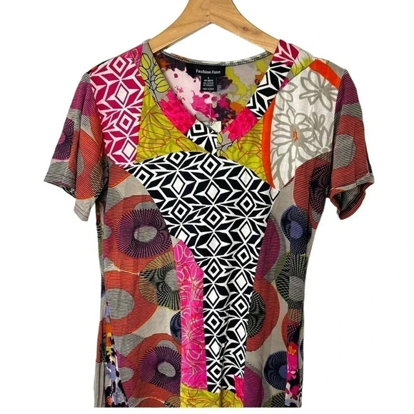 Fashion Fuse women's L multicolor psychedelic short sleeve V-neck‎ tunic artsy - Picture 4 of 7